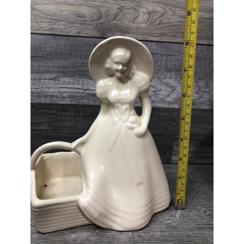 Vintage Ceramic Lady Planter Figurine Cream White Fair Repaired Handle 8.5in